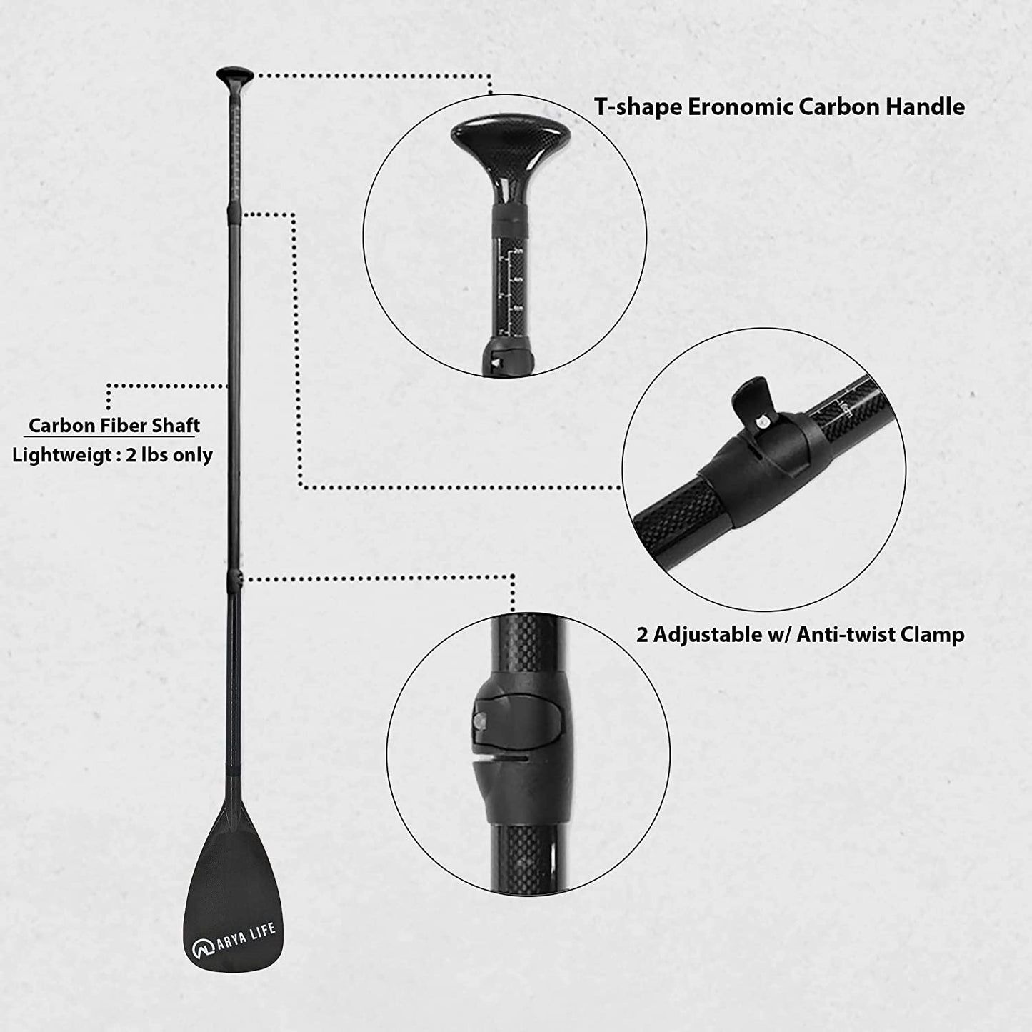Arya Life 3 Piece Stand Up Paddle Board Paddle, SUP Paddle with Fiberglass Blade, Adjustable Carbon Fiber Shaft, 70-86 Inches, Black-1