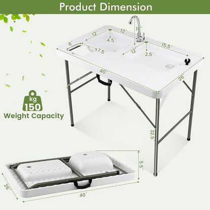 Fish Cleaning Table with 2 Sinks and 360?° Rotatable Fauce-White-2